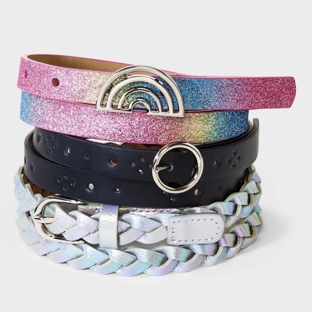 Cat & Jack Girls Belt Set 3 Pack Rainbow Glitter Black Star Iridescent Size S